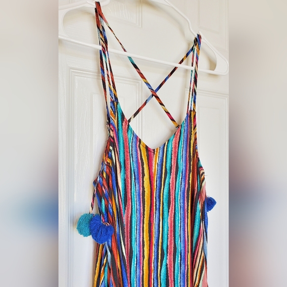 Boho Tassel Rainbow stripe pattern Maxi Dress crisscross back - Picture 2 of 5